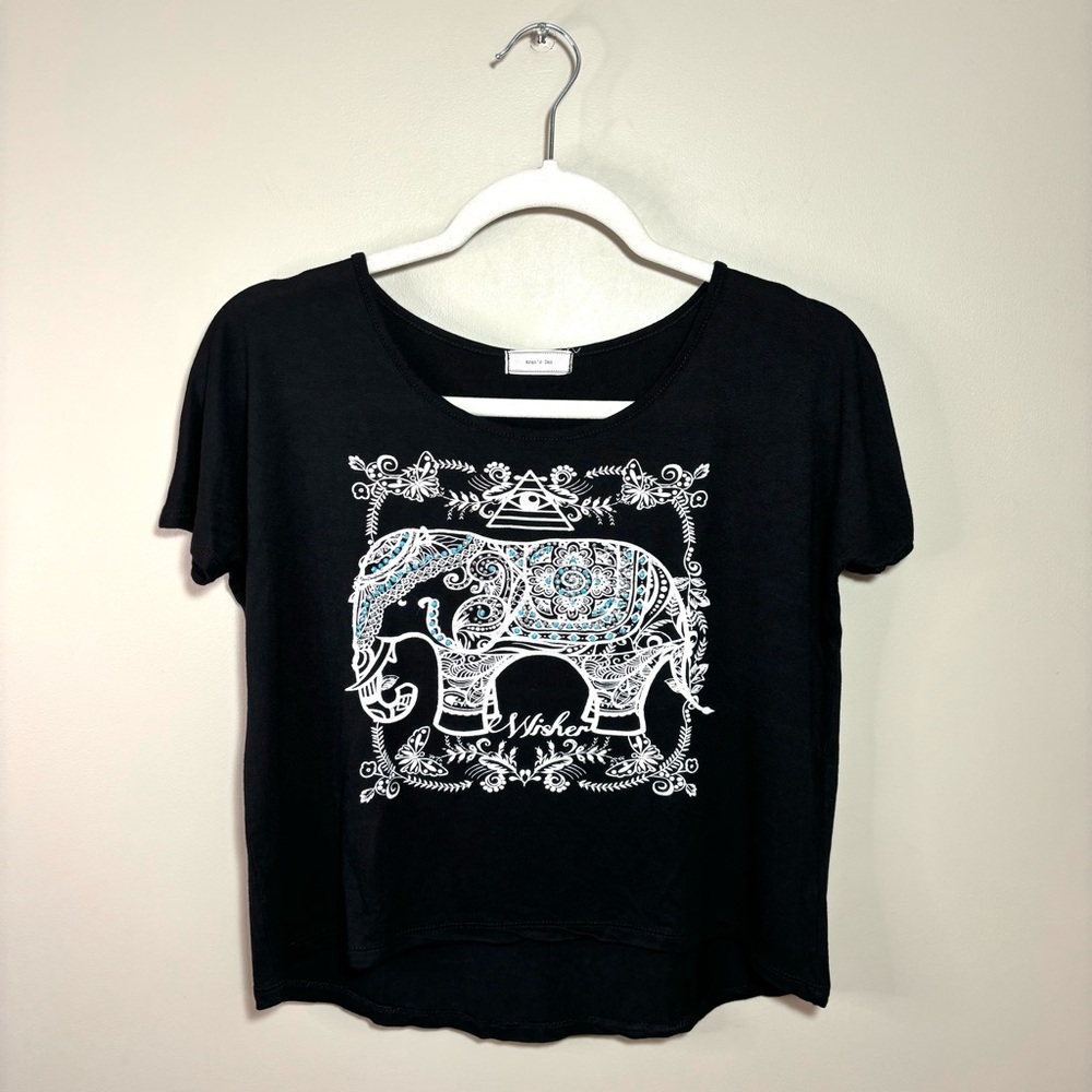 Black Crop Top with Elephant Print Turquoise Rhinestones